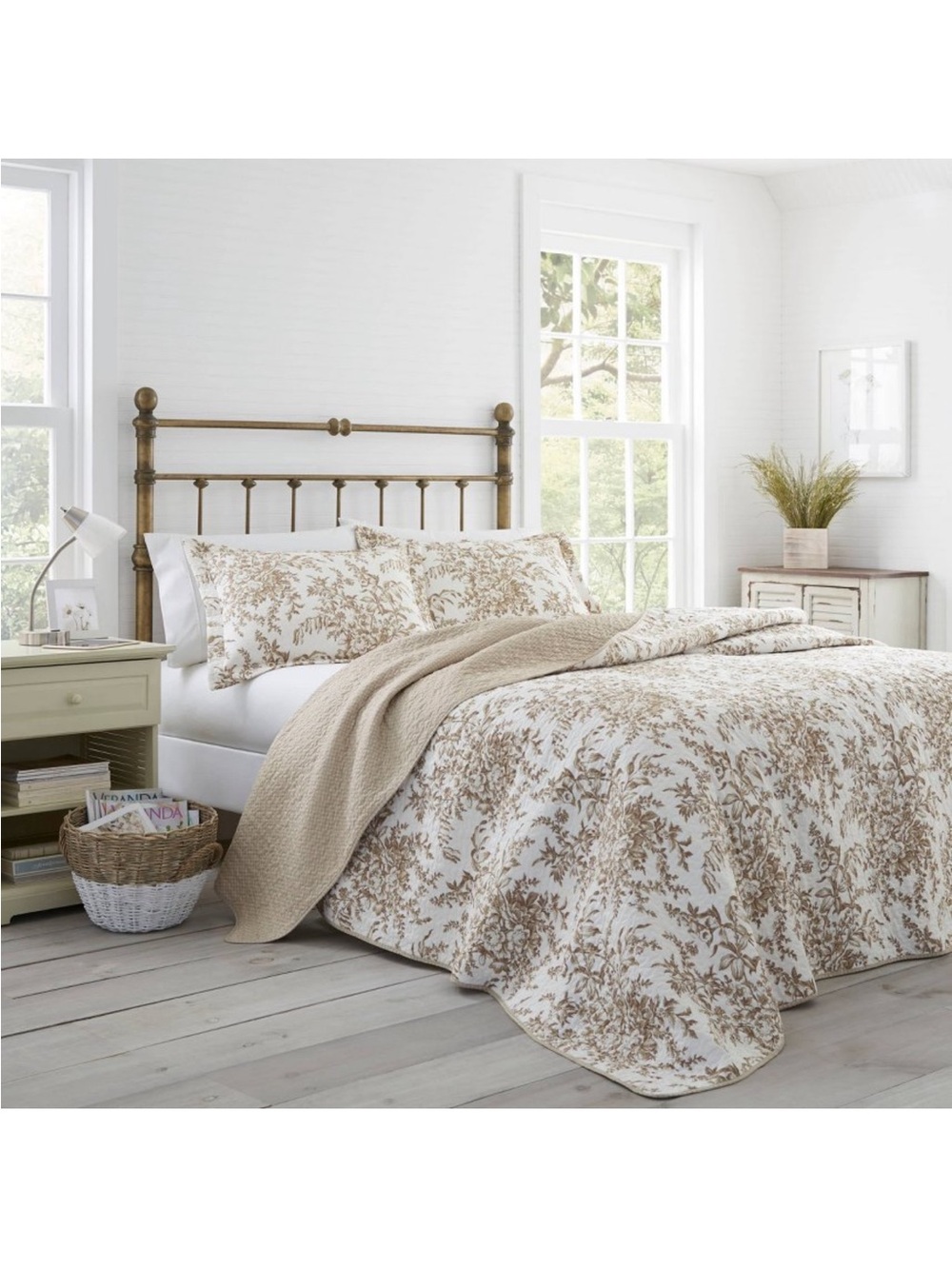 Laura Ashley~ Twin Bedford Floral Mocha 2Pc Quilt Set Reversible ~ 100% Cotton